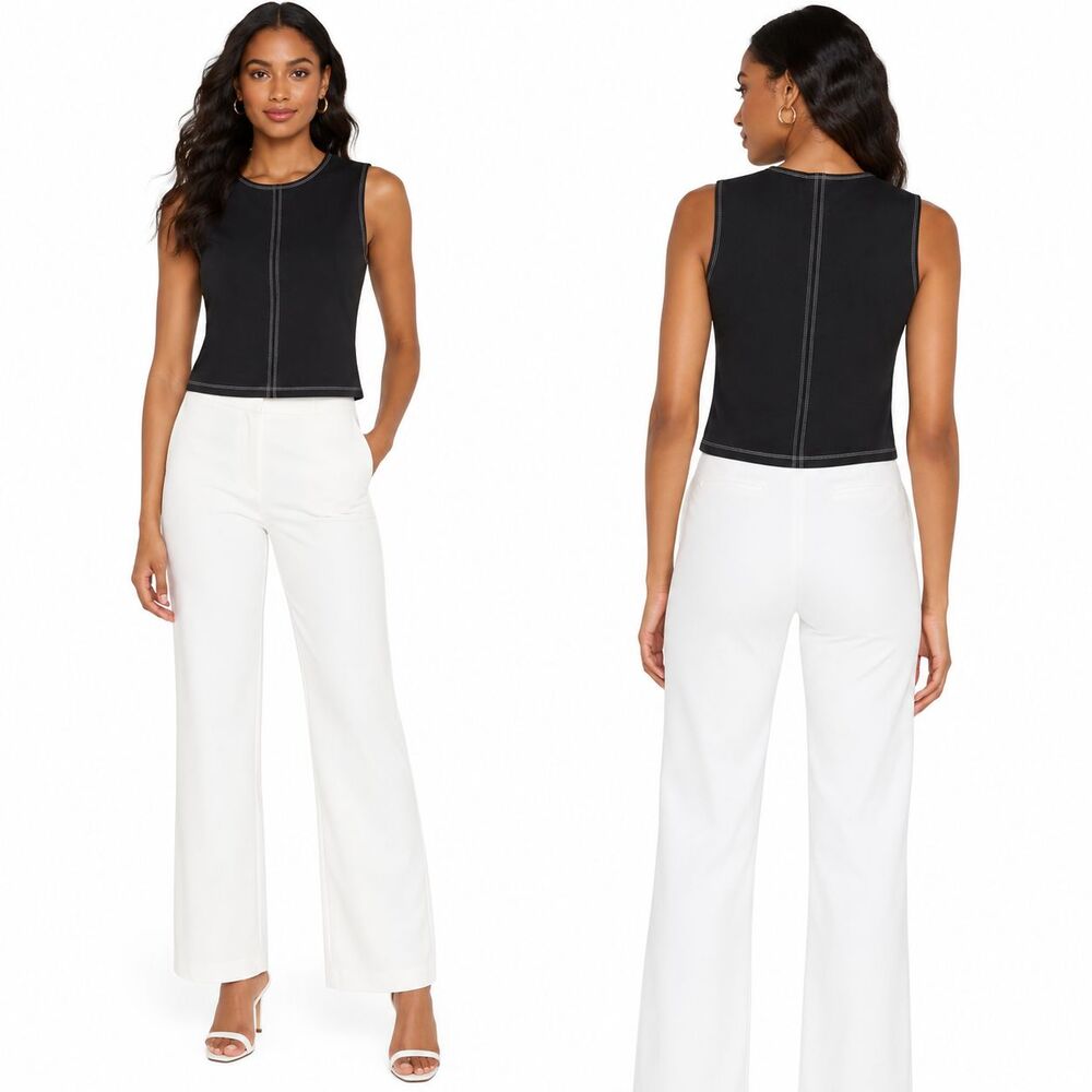 Caroline Constas Top Large Black Contrast Stitch Sleeveless Crop Stretch NWT